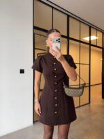 Brown Short Sleeve Button Front Dress