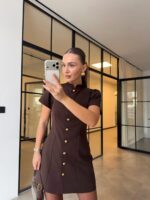 Brown Short Sleeve Button Front Dress - Image 3