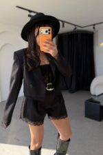 Black Blazer and Lace Shorts Set