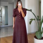 Brown Polka Dot Puff Sleeve Midi Dress