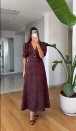 Brown Polka Dot Puff Sleeve Midi Dress