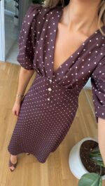 Brown Polka Dot Puff Sleeve Midi Dress - Image 2