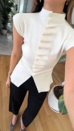 White Cap Sleeve Split Hem Top - Image 2