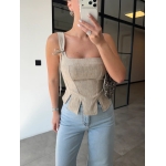 Beige Linen Sleeveless Peplum Top - Image 2