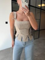 Beige Linen Sleeveless Peplum Top - Image 2