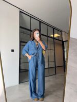 Denim Shirt and Wide Leg Pants Set