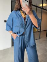 Denim Shirt and Wide Leg Pants Set - Image 4