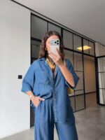 Denim Shirt and Wide Leg Pants Set - Image 2