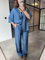 Denim Shirt and Wide Leg Pants Set - Image 3