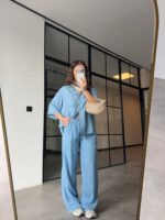 Light Blue Denim Shirt and Wide Leg Pants Set