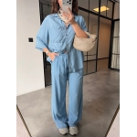 Light Blue Denim Shirt and Wide Leg Pants Set - Image 2
