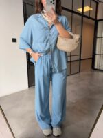 Light Blue Denim Shirt and Wide Leg Pants Set - Image 2