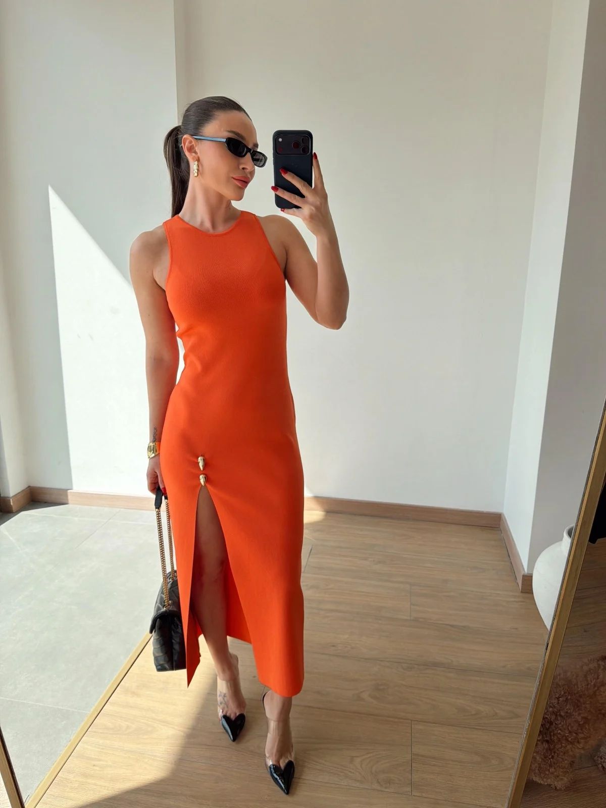 WhatsApp Image 2026-03-28 at 12.50.32 PM (1) Orange Midi Dress With Front Slit - Image 1