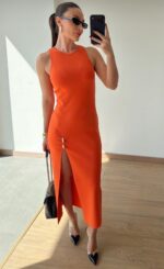 Orange Midi Dress With Front Slit - Image 2