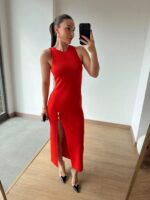 Red Midi Dress With Front Slit