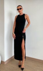 Black Midi Dress With Front Slit - Image 2
