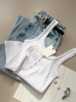 Ribbed Button Tank Top Black and White - Image 4