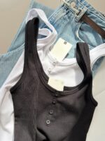 Ribbed Button Tank Top Black and White - Image 3