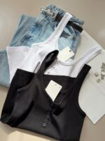 Ribbed Button Tank Top Black and White - Image 2