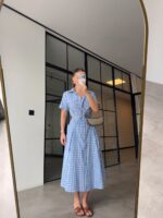 Blue Gingham Button-Up Midi Dress