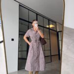 Brown Gingham Button-Up Midi Dress