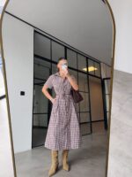 Brown Gingham Button-Up Midi Dress