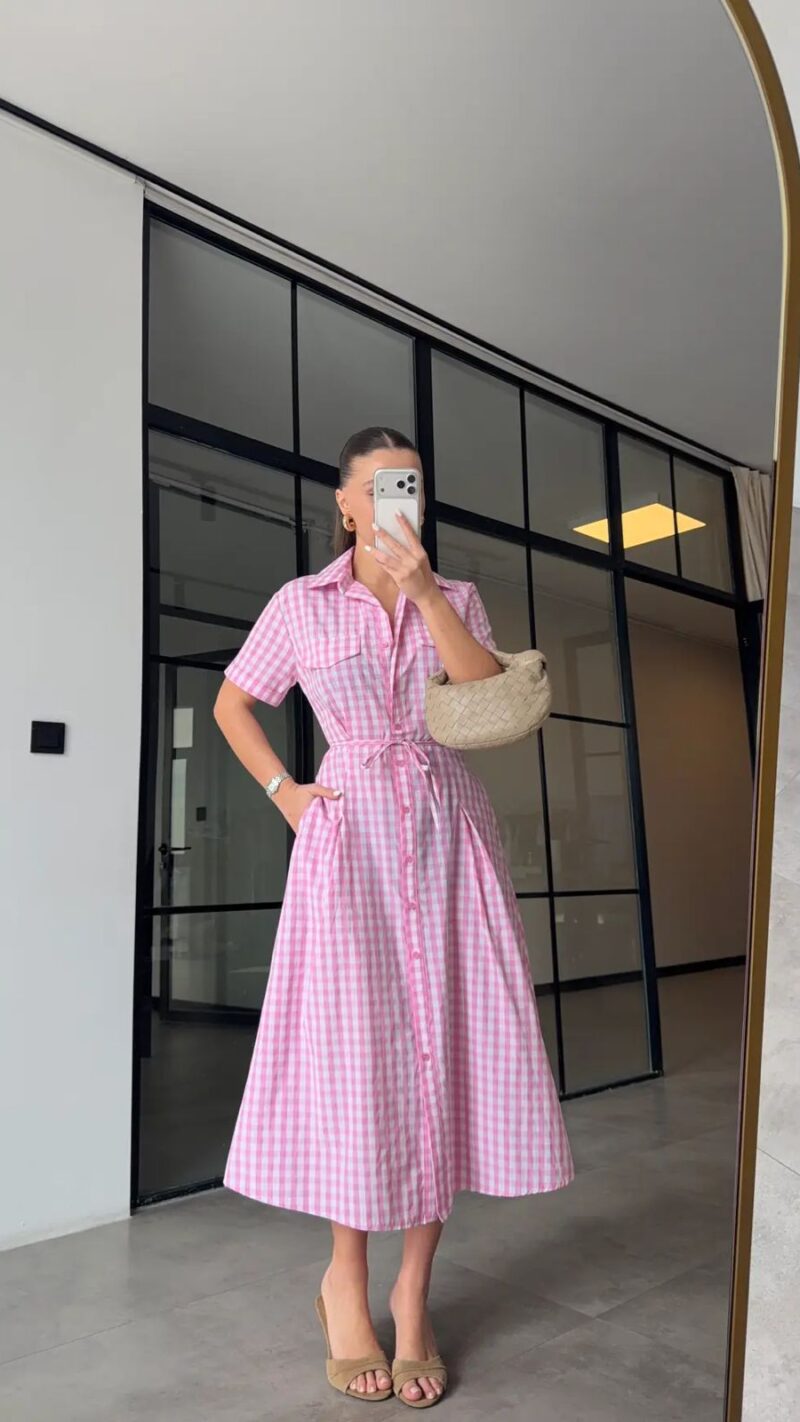 Pink Gingham Button-Up Midi Dress