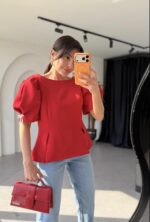 Red Puff Sleeve Blouse