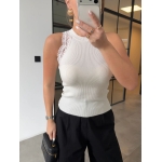 White Ribbed Knit Lace Trim Tank Top - Image 4