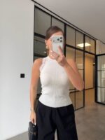 White Ribbed Knit Lace Trim Tank Top - Image 3