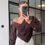 Brown Asymmetric Off Shoulder Blouse