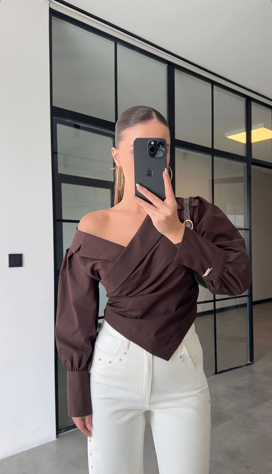 ae56ebaa-10ad-4a4e-8b68-a8b80e6bb3bc Brown Asymmetric Off Shoulder Blouse - Image 1