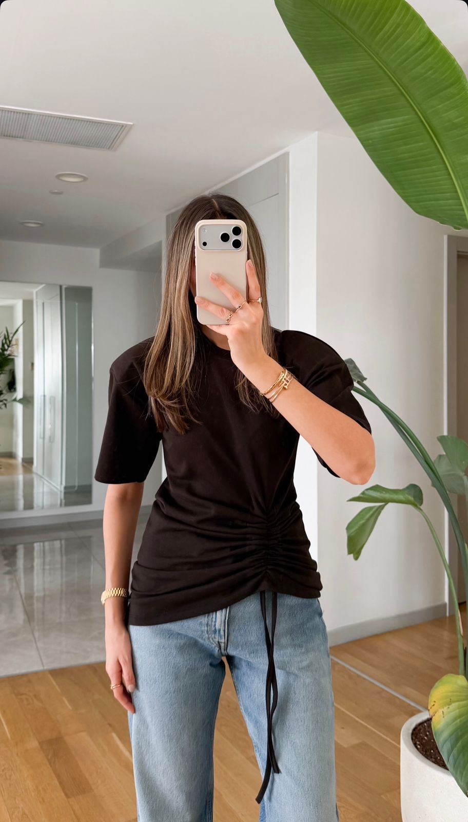 d80fad35-04c3-4c57-80fb-66ffa197f89a Brown Ruched Side Short Sleeve Top - Image 1