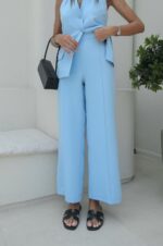 Women's Light Blue Sleeveless Pant Suit Set - Image 2