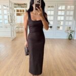 Sleeveless Black Square Neck Midi Dress