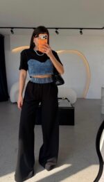Denim Crop Top With Wide Leg Pants Set - Image 3