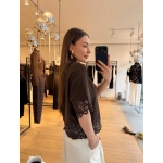 Brown Lace Trim Short Sleeve Blouse - Image 2