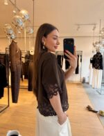 Brown Lace Trim Short Sleeve Blouse - Image 2