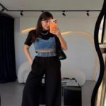 Denim Crop Top With Wide Leg Pants Set