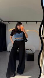 Denim Crop Top With Wide Leg Pants Set