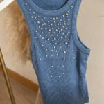 Blue Ribbed Tank Top With Rhinestones