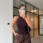 Brown Ribbed Knit Lace Trim Tank Top