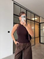 Brown Ribbed Knit Lace Trim Tank Top