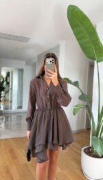 Brown Long Sleeve Ruffle Mini Dress - Image 2