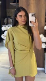 Yellow Draped Asymmetric Mini Dress - Image 2