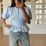 Light Blue Puff Sleeve Peplum Blouse