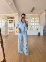 Light Blue Lace Pants Set