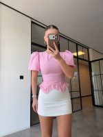 Pink Puff Sleeve Peplum Top
