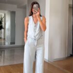 Light Wash Denim Vest and Wide Leg Pants Set