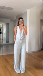 Light Wash Denim Vest and Wide Leg Pants Set